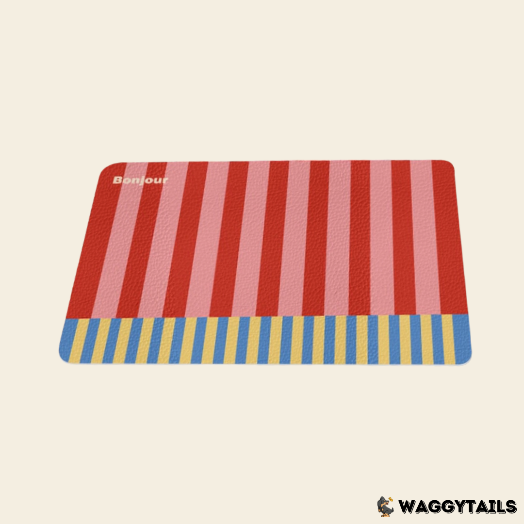 Waggytails Non-Slip PVC Pet Feeding Mat - Bonjour Red Stripe, page 1