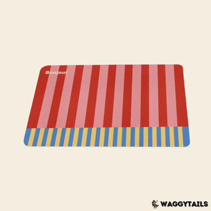 Waggytails Non-Slip PVC Pet Feeding Mat - Bonjour Red Stripe, page 1